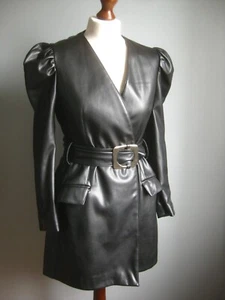 ZARA faux leather coat small 8 10 trench retro puff sleeve belt mac 60s JACKET - Picture 1 of 12