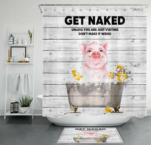 Pink Funny Pig Shower Curtain Farmhouse Cute Animals Bathroom Accessories Set - Picture 1 of 17
