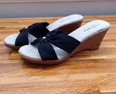 Comfort Plus Predictions Size 10W Black Wedge Sandal Silver Accent Slip-On NEW - Image 1 of 4