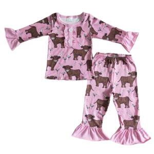 Girls Pink Long Sleeve Pajama Set Cow Print 2pcs Sleepwear - Picture 1 of 1