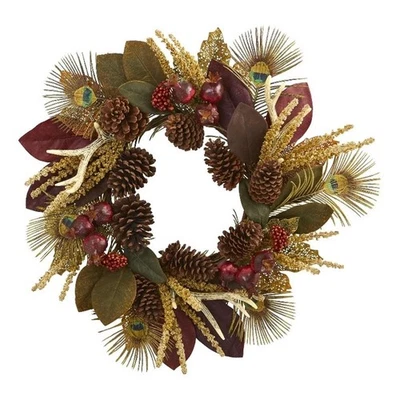 Nearly Natural 27" Magnolia Leaf Berry Antler & Peacock Feather Wreath - Image 1 of 3