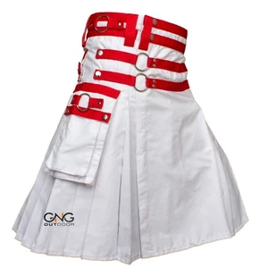 Men's Scottish White and Red Strap Utility kilt Modern Fashion Highland kilt - Picture 1 of 4
