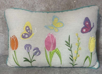 Vintage Linen Color Pillow Tulips & Butterflies Turquoise Trim 13” X 9” - Image 1 of 4