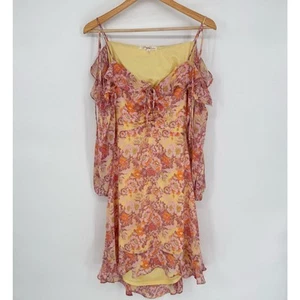 Pink Yellow Floral Chiffon Open Back Midi Dress Sz L Y2K Whimsical Faircore - Picture 1 of 9