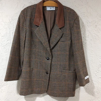 Vintage International Scene Brown Houndstooth Blazer w Suede Collar Women 13/14 - Image 1 of 4
