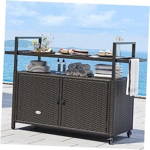 Large Outdoor Kitchen Wicker Island Rolling Cart & Patio Bar Table, w/Wheels - Picture 1 of 7
