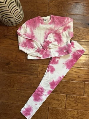 耐克女孩粉色领带染料毛衣打底裤套装 M 码 — 第 1/4 张图片