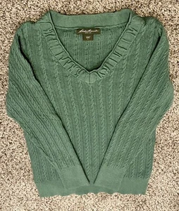 EDDIE BAUER GREEN CABLE KNIT COTTON/NYLON PULLOVER V-NECK SWEATER TOP WOMEN L - Picture 1 of 2