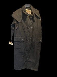 VTG Western Frontier Trench Coat Duster Jacket Black Canvas Waterproof Large - Picture 1 of 8