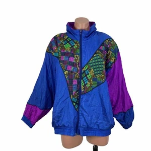 VTG Active Studio Jacket Women's XL Blue Pink Abstract Zipper Windbreaker - Picture 1 of 8