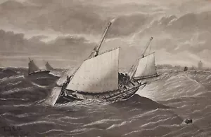 19th century monochrome watercolour. Ships off a coast, signed Fred. E. U. 1875 - Picture 1 of 5