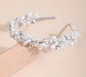 Pearl & crystal Silver Tiara Rhinestone Handmade Headpiece Headband Bridal Crown - Picture 1 of 6