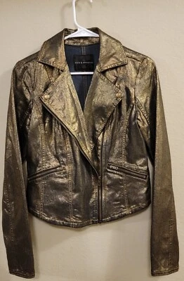 Rock & Republic Mujer Dorado Metálico Motociclista Moto Cremallera Chaqueta Denim Elástica Talla M Foto 1 de 4