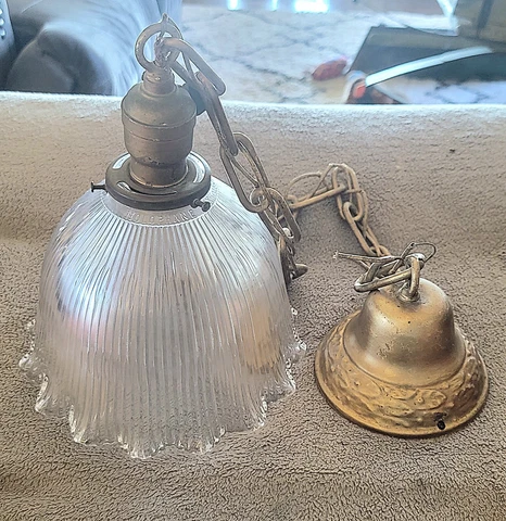 Antique E-9 Holophane Ruffled Glass Industrial Glass Light & Brass Fixture Cover
