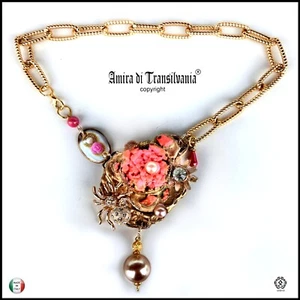 jewelry pendant necklace chain pink spider rhinestone crystal pearls stones - Picture 1 of 24