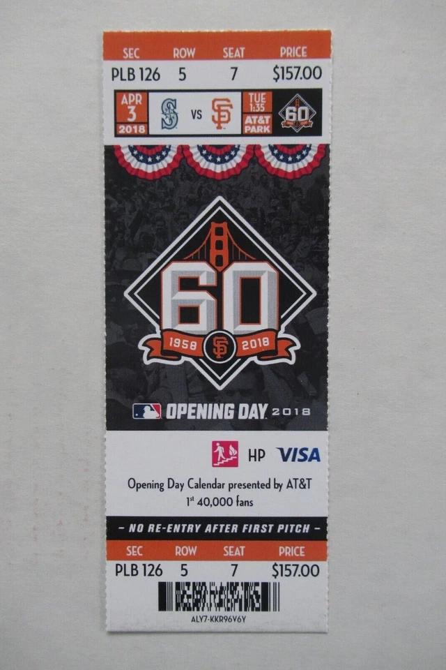 SAN FRANCISCO GIANTS VS SEATTLE MARINERS 3/04/2018 BOLETO COMPLETO ~ DÍA DE APERTURA Foto 1 de 1