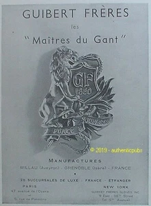 PUBLICITE GUIBERT FRERES LES MAITRES DU GANT MILLAU GRENOBLE DE 1941 FRENCH AD - Picture 1 of 1