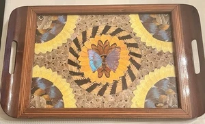 Vintage Brazilian MCM Morpho Butterfly Wing Inlaid Glass Top Wood Serving Tray - Picture 1 of 5
