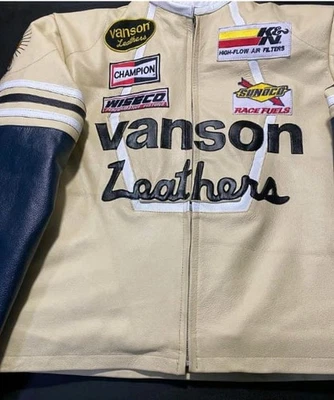 Chaqueta de Carreras de Cuero Vanson Beige Azul Moto Estilo Café Champion Sunoco Foto 1 de 4