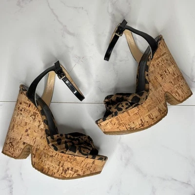 Sandalias de cuña Jimmy Choo marrón con estampado de leopardo gamuza cuero corcho plataforma 37 7 Foto 1 de 4