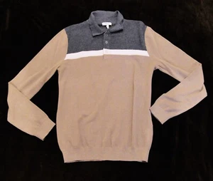LN! REISS LS polo beige gray white sweater shirt Men's S SMALL - Picture 1 of 2