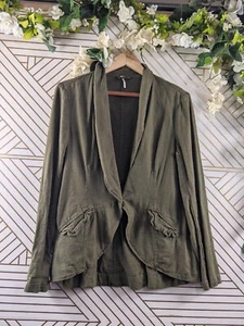 Free People Women's Olive Green Linen Blend Tulip Hem Button Blazer Jacket Sz S - Picture 1 of 10