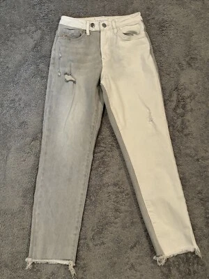 Jeans Flying Monkey Talla 25 Dos Tonos Blanco Gris Tiro Alto Recortado Dobladillo Crudo Denim Foto 1 de 4