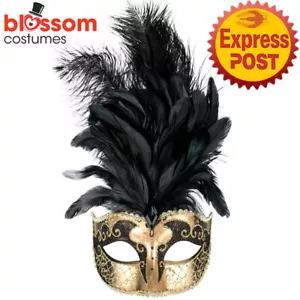 AC1233 Black Gold Feather Costume Eye Mask Masquerade Ball Mardi Gras Venetian - Picture 1 of 2