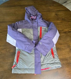Girls Purple & Gray Hooded Winter Jacket With Polka Dot Lining Red Zippers & Fle - Picture 1 of 21