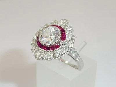 Anello da donna in argento sterling 925 con zaffiro bianco e rubino - Immagine 1 di 4