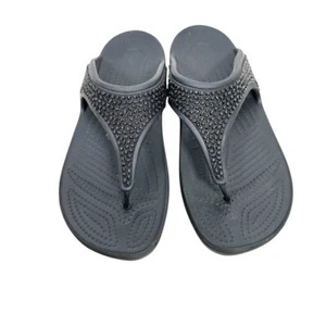 Crocs Sloane Embellished Flip Flop Women’s Size 11 Black Beaded Thong Sandal - Picture 1 of 8
