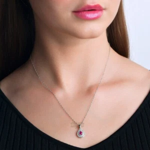 $499- BEAUTIFUL NATURAL RUBY TEAR DROP HALO PENDANT WITH WHITE TOPAZ! 14kPL-925! - Picture 1 of 9