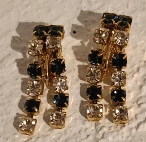 Antique old vintage jewelry pair of earrings golden metal glass transparent blue - Picture 1 of 5
