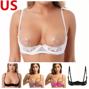 Womens Floral Lace Lingerie 1/4 Cups Mesh Bare Exposed Breast Underwired Bra - Picture 1 of 109