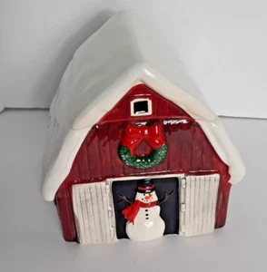 Pier 1 Red Barn Cookie Jar Sealing Lid w/ Snowman Country Farmhouse NEW With Tag - Picture 1 of 7