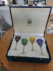 Fabergé Xenia Cut To Clear Crystal Cordial Liqueur Glasses Set of 4 New w/Box 8" - Picture 1 of 19