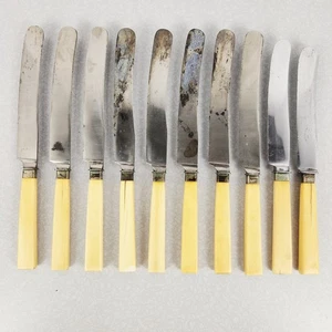 Antico coltello manico in osso lotto di 10 coltelli burro posate da tavola - Foto 1 di 13