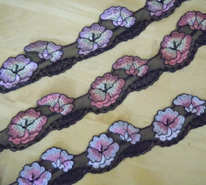7y 2.5" W Black Tulle Lace/Embroidered 3 Colors Lilace,Nacart,Pink Flower eh0167 - Picture 1 of 4