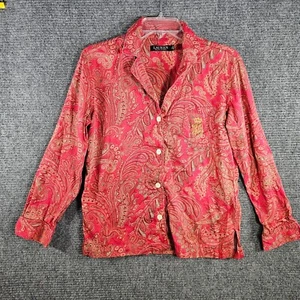 Lauren Ralph Lauren Shirt Womens Petite PM Red Pink Cream Paisley Long Sleeve - Picture 1 of 6