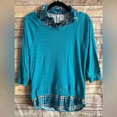 Top grande Bongo manga 3/4 verde azulado a cuadros para jóvenes Foto 1 de 4
