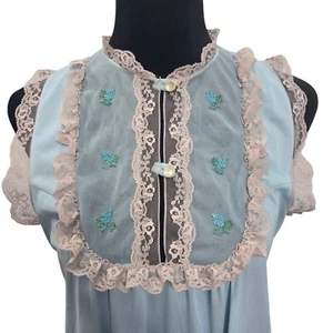 Vtg 1960s JcPenney Sz S Long Nightgown Lace Blue Nylon Button Flowers Babydoll - Picture 1 of 12