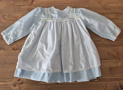 Peaches N Cream Baby Blue Long Sleeve Apron Dress White Lace Trim 18 Months - Image 1 of 4