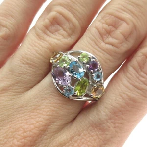 925 Sterling Silver Amethyst Blue Topaz Citrine Peridot Cluster Ring Size 8.25 - Picture 1 of 7