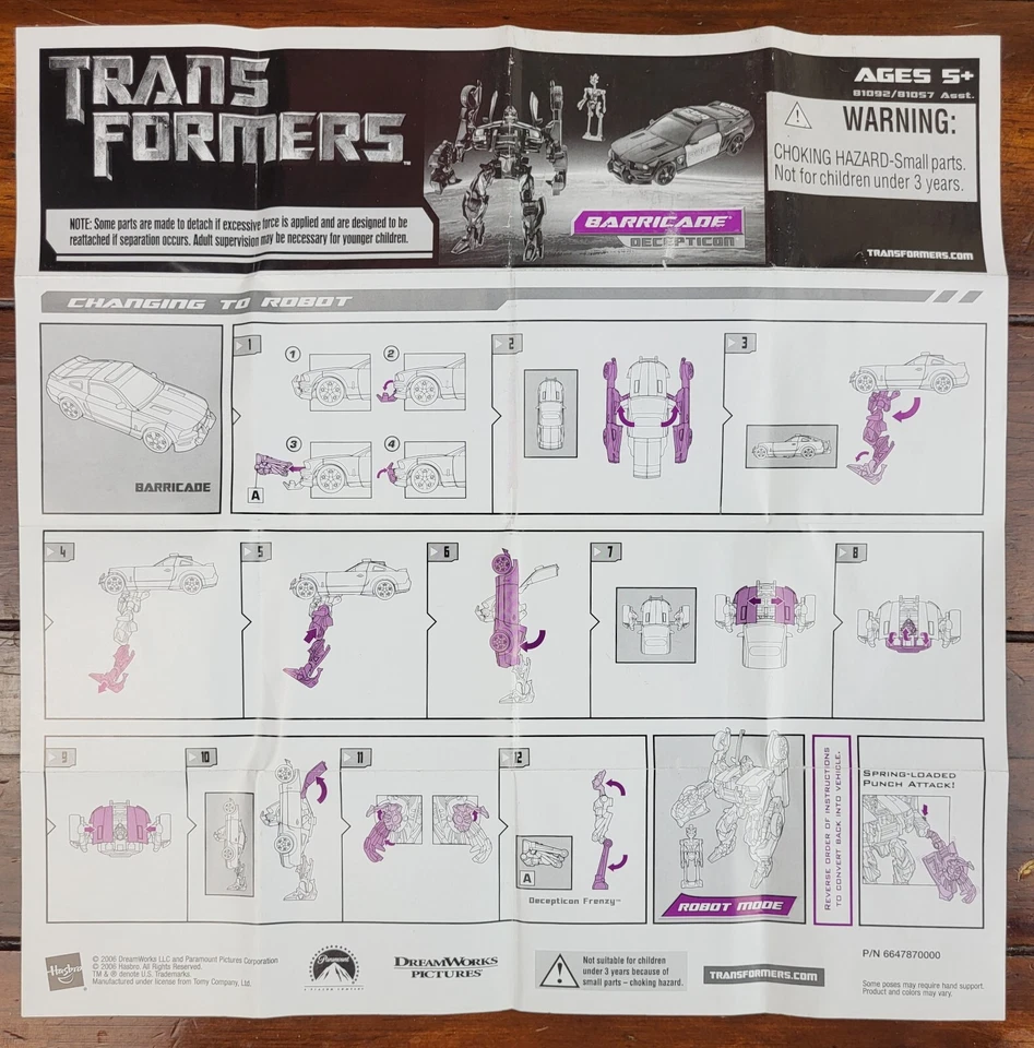 Transformers Movie Barricade Deluxe Class Instruction Sheet Hasbro 2007 - Image 1 of 1