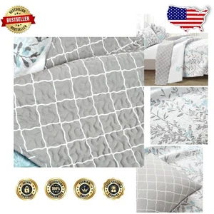 Reversible Floral Quilt Set King Size - Blue & Gray - 3 Piece Spring Bedding - Picture 1 of 7