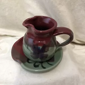 Burgundy Green Floral KENT FOLLETTE Pottery Pinched Spout Creamer + Saucer - Picture 1 of 11