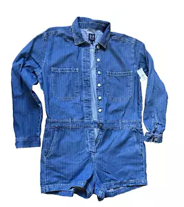 Gap Women Long Sleeve Denim Blue Striped Romper Tag Size 12 - Picture 1 of 13