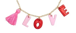 Rosa LOVE Anhänger HALSKETTE Stoff Quaste goldfarben 40 cm Kette - Bild 1 von 8