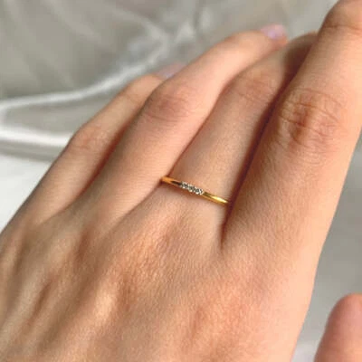 Three Diamond Gold Ring Band 14K Yellow Gold Round Thin Ring Band Women Gift. - Image 1 of 4