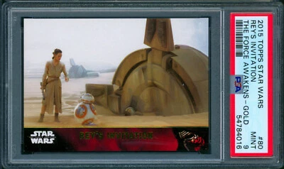 2015 Topps Star Wars TFA Gold Foil REY'S INVITATION #80 Rey w/ BB-8 #/100 PSA 9 - Image 1 of 2